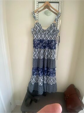Blush Navy and White Printed Midi Dress